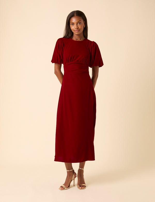 nobody’s child Red Velvet Puff Sleeve Zoi Midi Dress