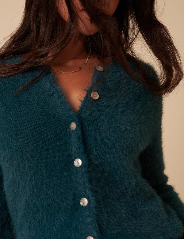 Nobody’s Child Teal Fluffy Long Sleeve Knitted Cardigan