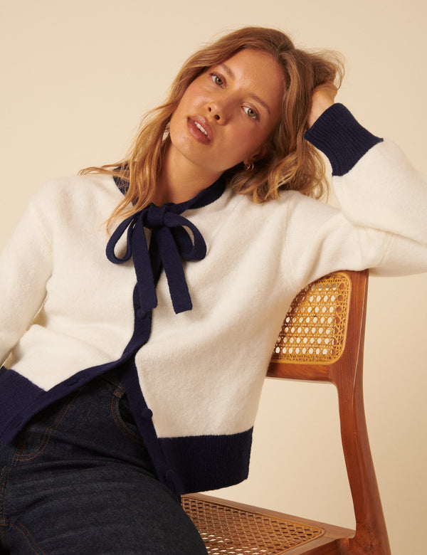 Nobody’s Child White Contrast Trim Tie Neck Cardigan