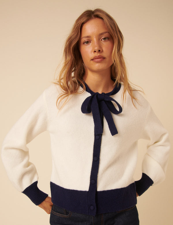 nobody’s child White Contrast Trim Tie Neck Cardigan