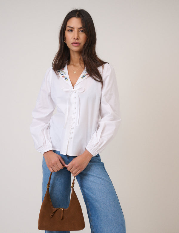 Nobody’s Child White Floral Embroidered Collar Blouse