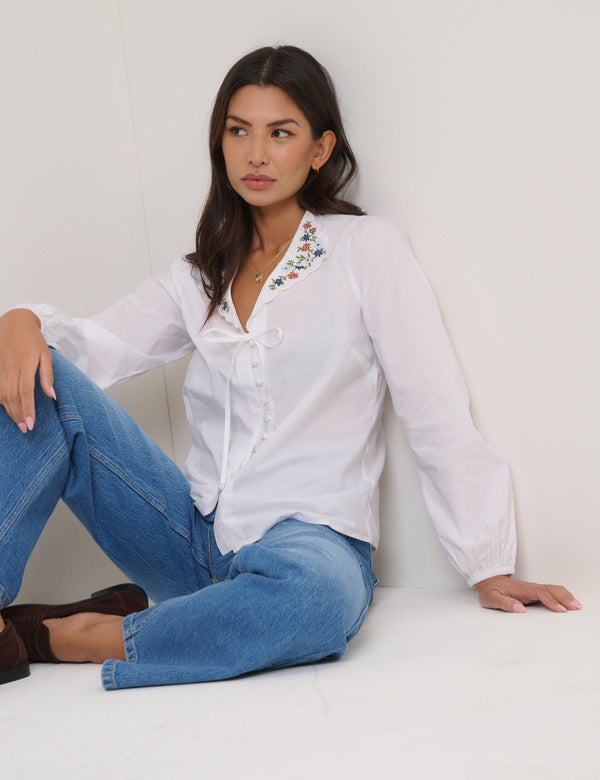Nobody’s Child White Floral Embroidered Collar Blouse