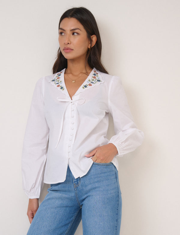 Nobody’s Child White Floral Embroidered Collar Blouse