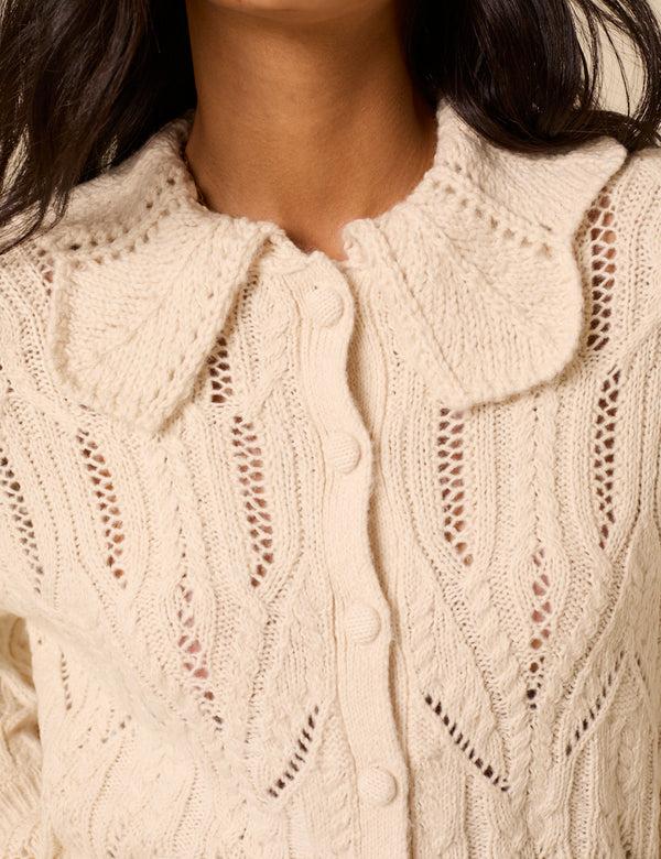 Nobody’s Child White Pointelle Collared Knitted Cardigan
