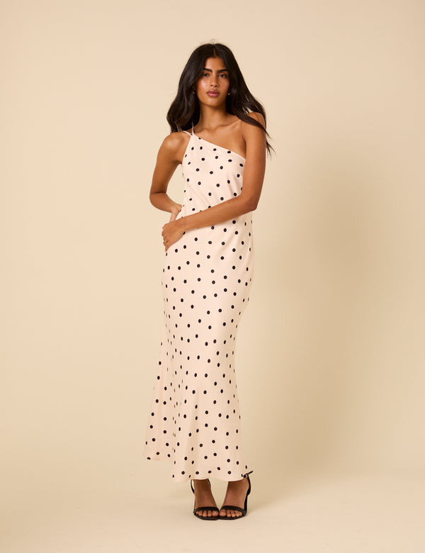 Nobody’s Child White Polka Dot One Shoulder Pia Maxi Dress