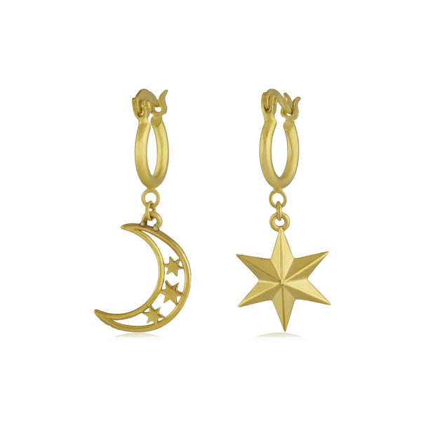 noir jewelry Moon & Star Mismatch Huggie Earrings