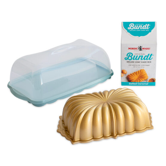 nordic ware Fluted Loaf Loaf Cake Keeper & Salted Caramel Quick Bread Mix