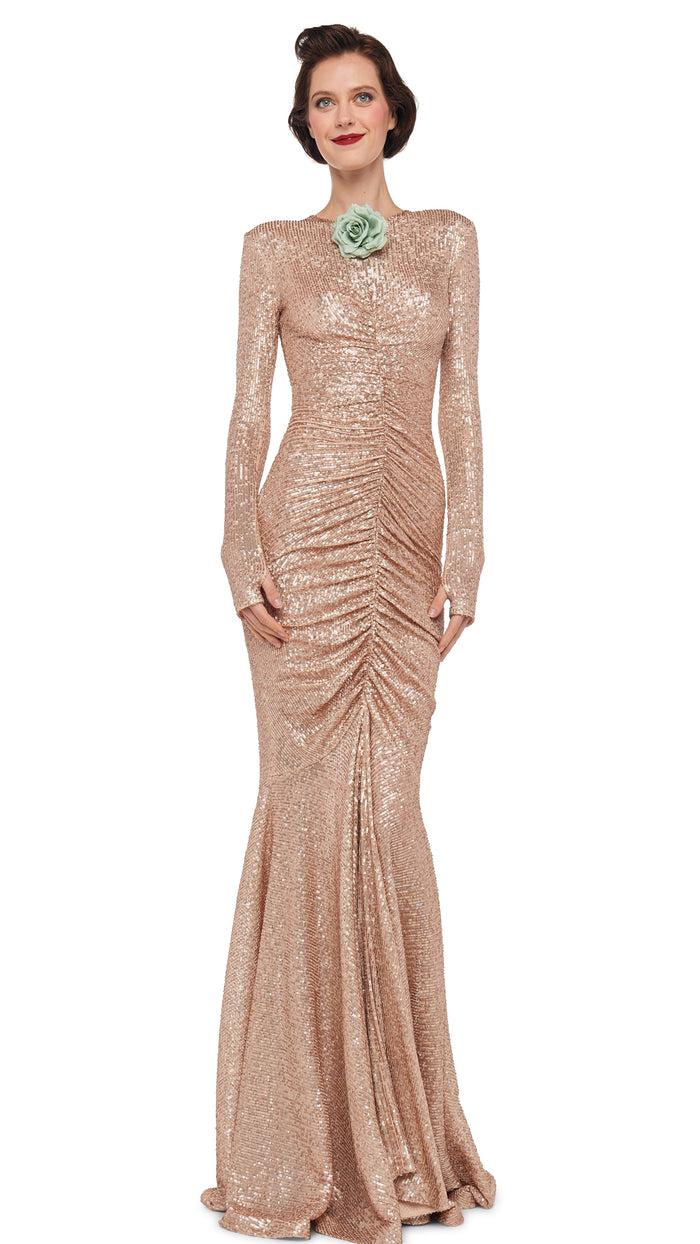 Norma Kamali LONG SLEEVE V NECK SHIRRED FRONT FISHTAIL GOWN