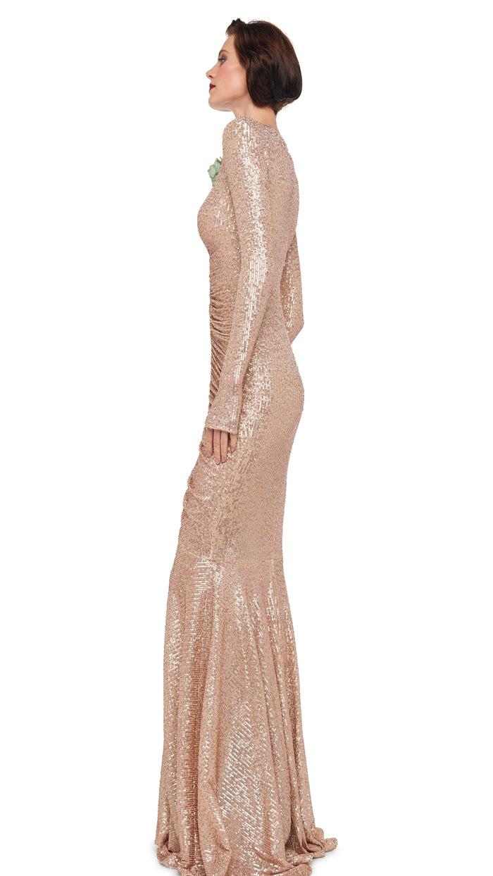 Norma Kamali LONG SLEEVE V NECK SHIRRED FRONT FISHTAIL GOWN