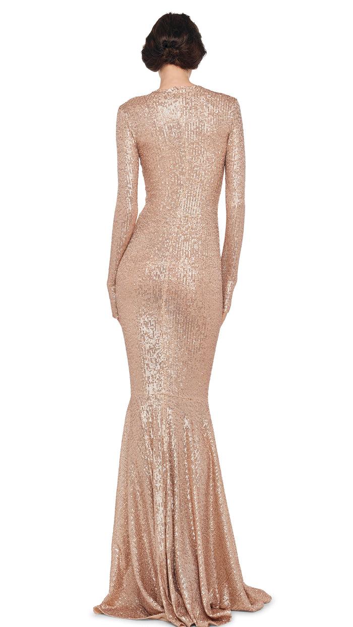 Norma Kamali LONG SLEEVE V NECK SHIRRED FRONT FISHTAIL GOWN