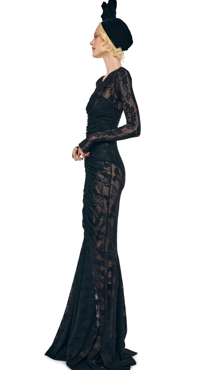 Norma Kamali LONG SLEEVE V NECK SHIRRED FRONT FISHTAIL GOWN