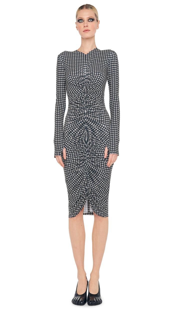 Norma Kamali LONG SLEEVE VNECK SHIRRED FRONT DRESS TO KNEE