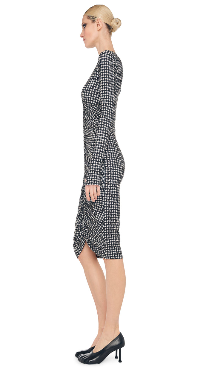 Norma Kamali LONG SLEEVE VNECK SHIRRED FRONT DRESS TO KNEE