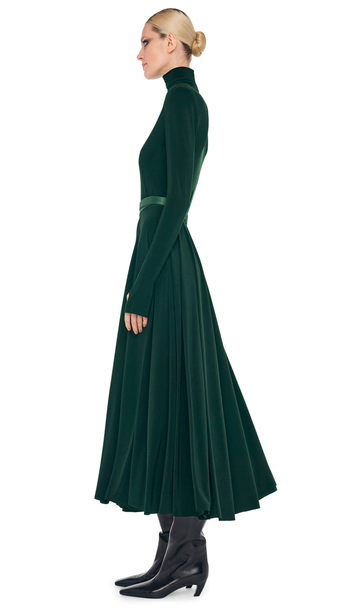 Norma Kamali LS SHOULDER PAD TURTLE FLARED DRESS TO MIDCALF