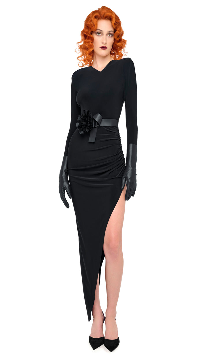 norma kamali LS SHOULDER PAD V NECK SIDE DRAPE GOWN