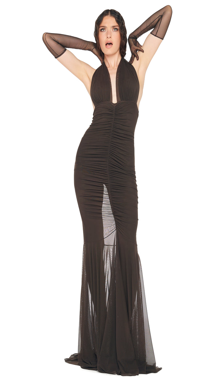 norma kamali HALTER SHIRRED FRONT FISHTAIL GOWN