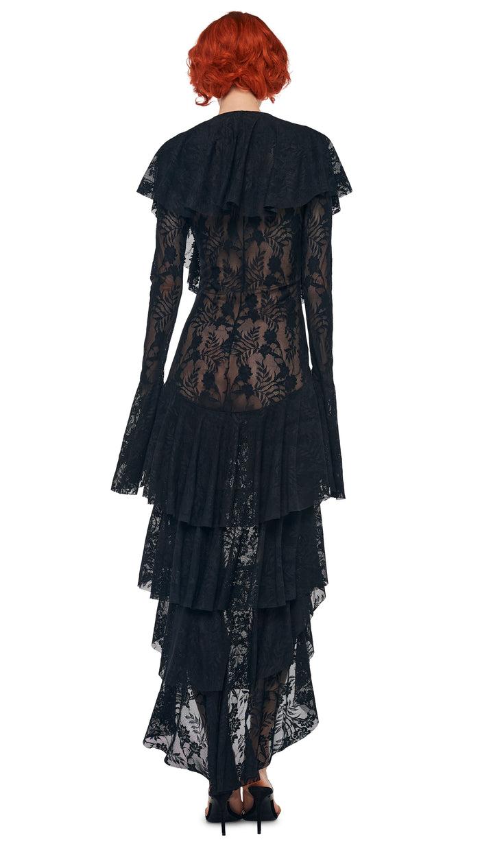 Norma Kamali HI LOW LONG SLEEVE DEEP V RUFFLE GOWN