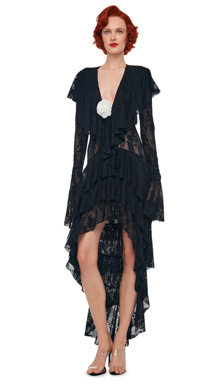 Norma Kamali HI LOW LONG SLEEVE DEEP V RUFFLE GOWN