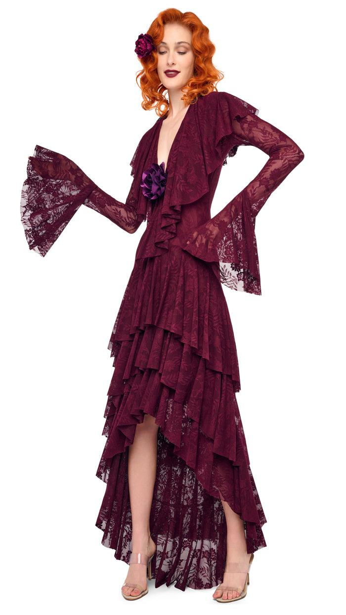 Norma Kamali HI LOW LONG SLEEVE DEEP V RUFFLE GOWN
