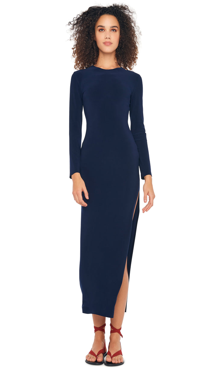 norma kamali LONG SLEEVE CREWNECK SIDE SLIT GOWN