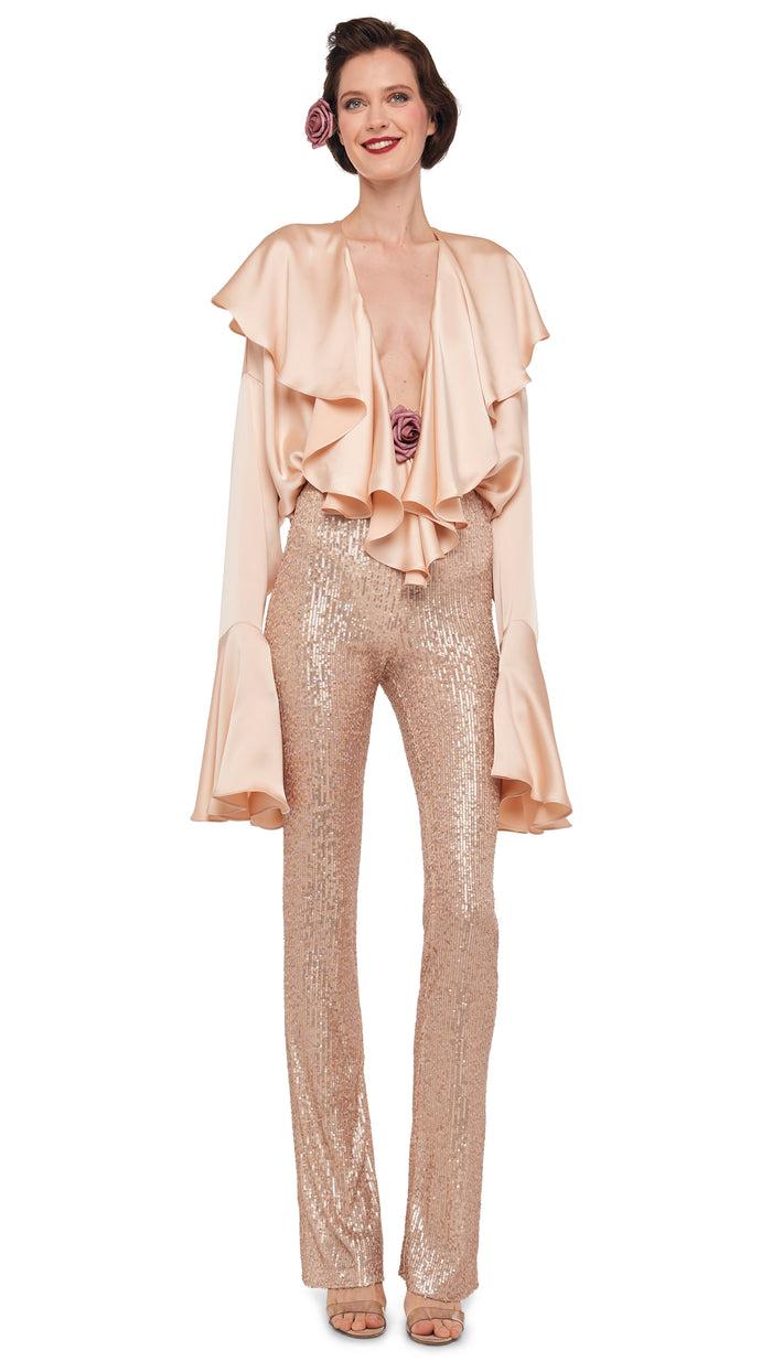 Norma Kamali LONG SLEEVE DEEP V RUFFLE BODYSUIT