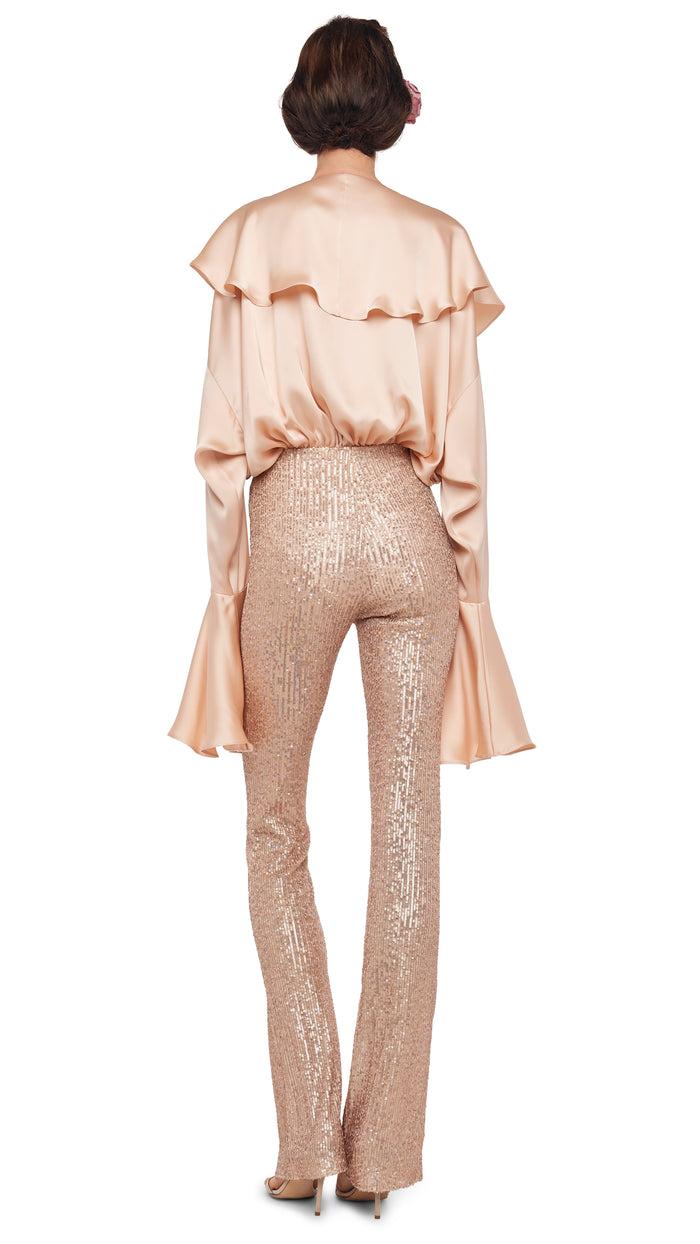 Norma Kamali LONG SLEEVE DEEP V RUFFLE BODYSUIT