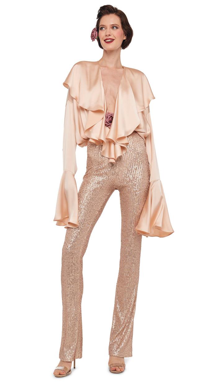 norma kamali LONG SLEEVE DEEP V RUFFLE BODYSUIT