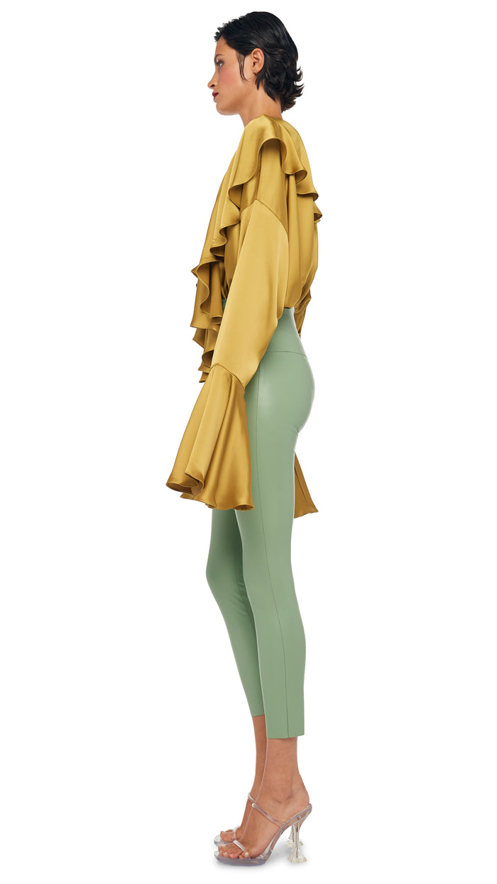 Norma Kamali LONG SLEEVE DEEP V RUFFLE BODYSUIT