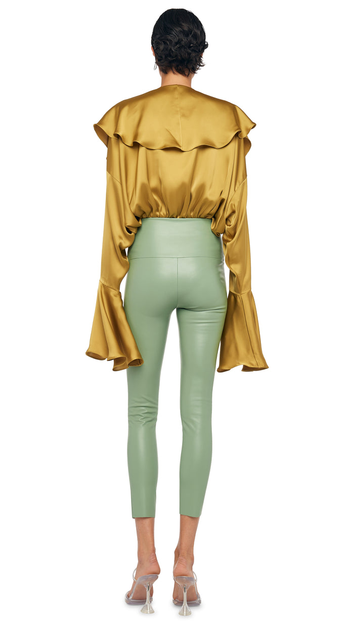 Norma Kamali LONG SLEEVE DEEP V RUFFLE BODYSUIT