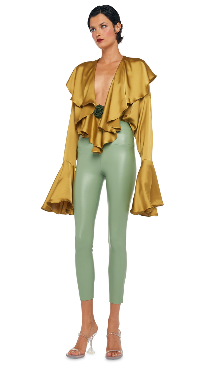 Norma Kamali LONG SLEEVE DEEP V RUFFLE BODYSUIT