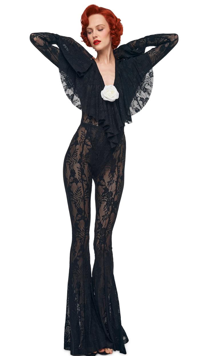 Norma Kamali LONG SLEEVE DEEP V RUFFLE BODYSUIT