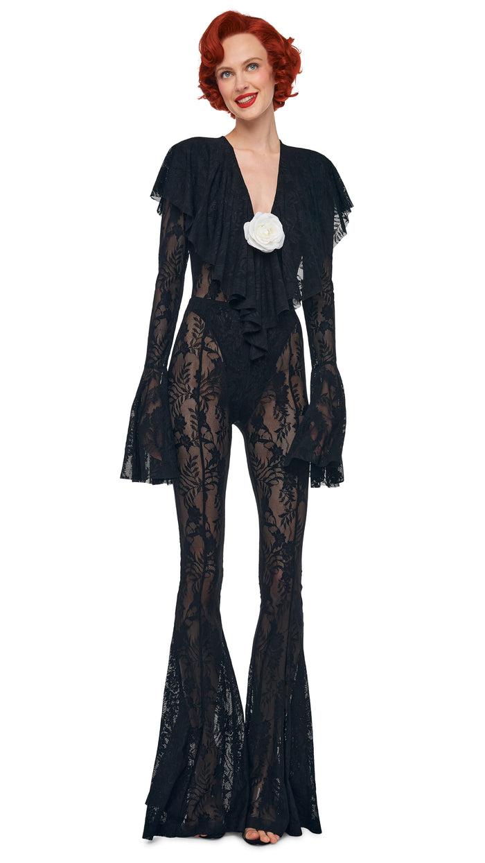 norma kamali LONG SLEEVE DEEP V RUFFLE BODYSUIT