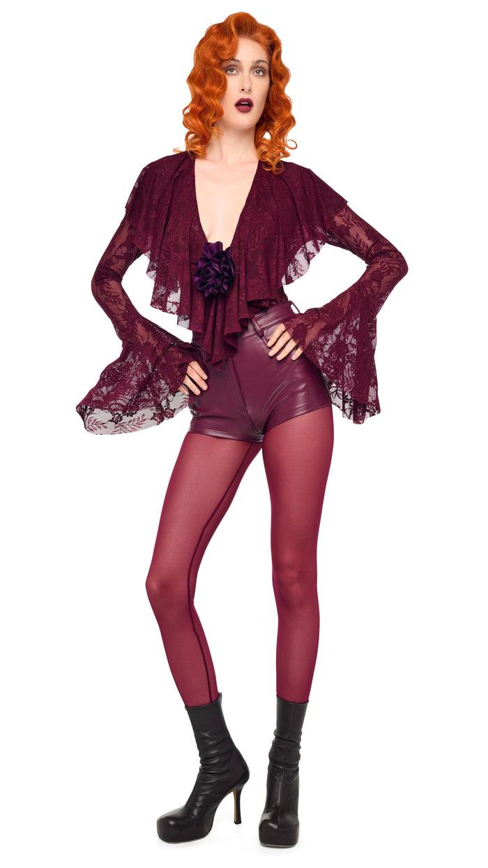 Norma Kamali LONG SLEEVE DEEP V RUFFLE BODYSUIT