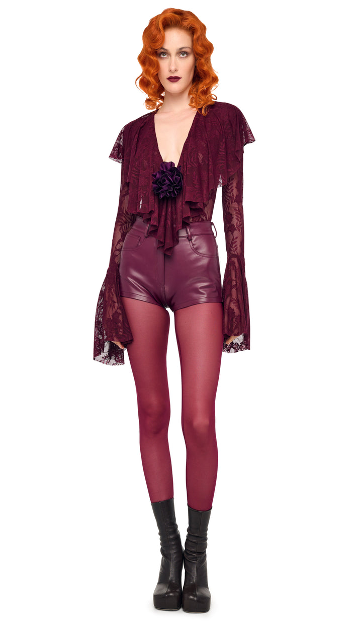 norma kamali LONG SLEEVE DEEP V RUFFLE BODYSUIT