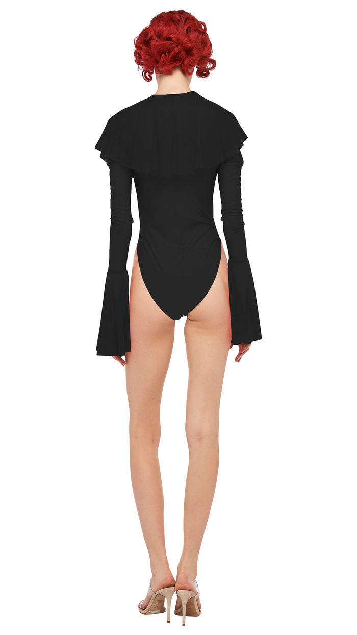 Norma Kamali LONG SLEEVE DEEP V RUFFLE BODYSUIT