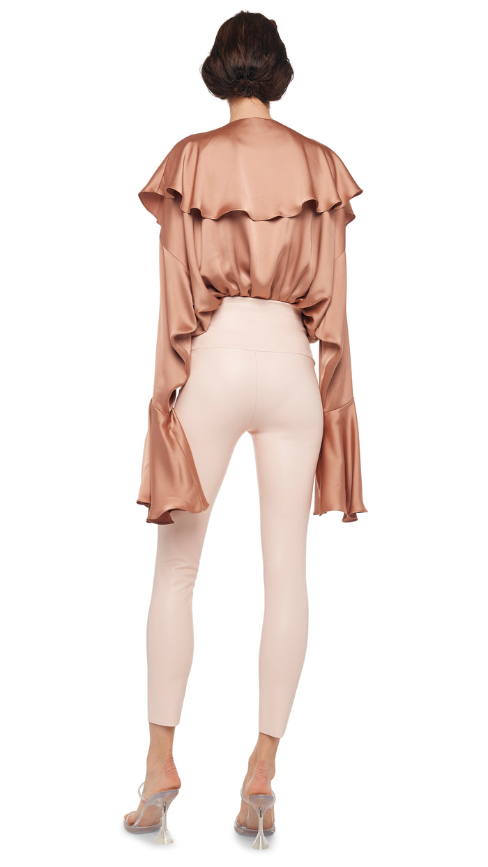 Norma Kamali LONG SLEEVE DEEP V RUFFLE BODYSUIT