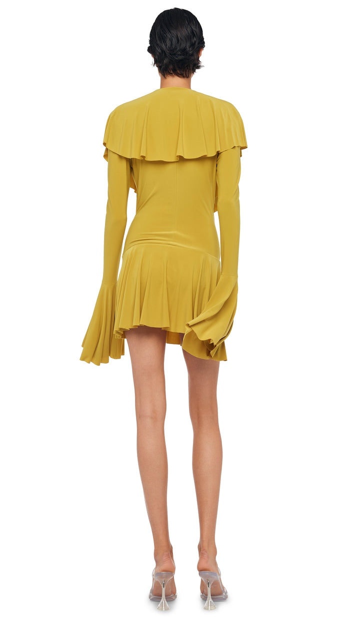 Norma Kamali LONG SLEEVE DEEP V RUFFLE MINI DRESS
