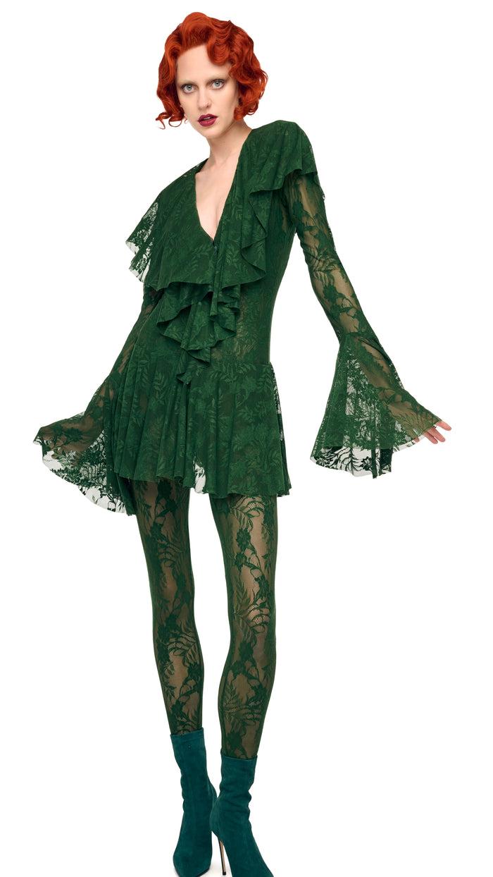 Norma Kamali LONG SLEEVE DEEP V RUFFLE MINI DRESS