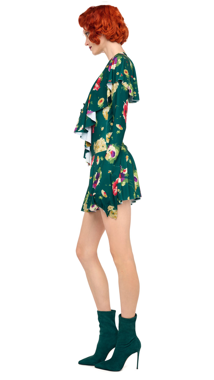 Norma Kamali LONG SLEEVE DEEP V RUFFLE MINI DRESS