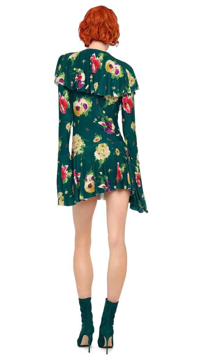 Norma Kamali LONG SLEEVE DEEP V RUFFLE MINI DRESS