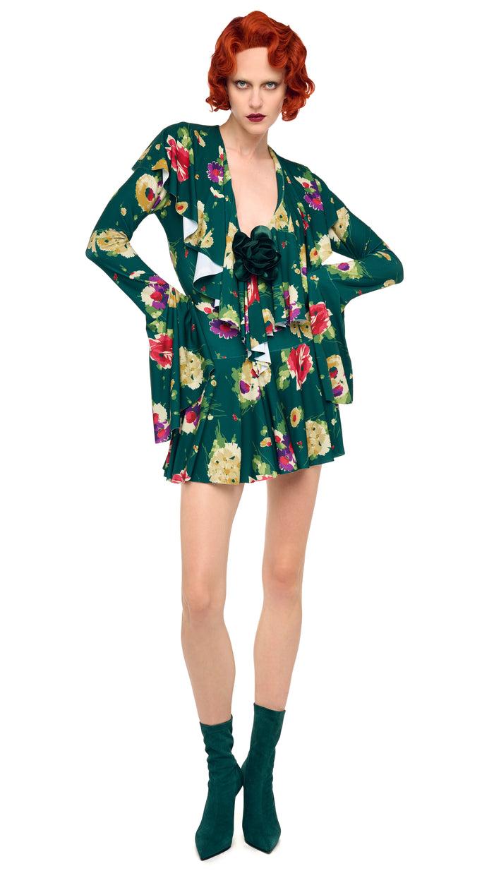 Norma Kamali LONG SLEEVE DEEP V RUFFLE MINI DRESS