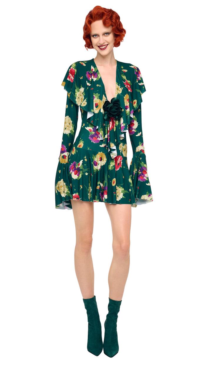 norma kamali LONG SLEEVE DEEP V RUFFLE MINI DRESS