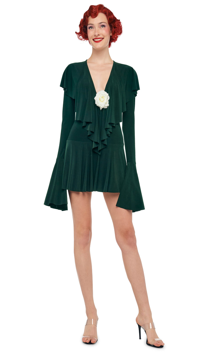 norma kamali LONG SLEEVE DEEP V RUFFLE MINI DRESS