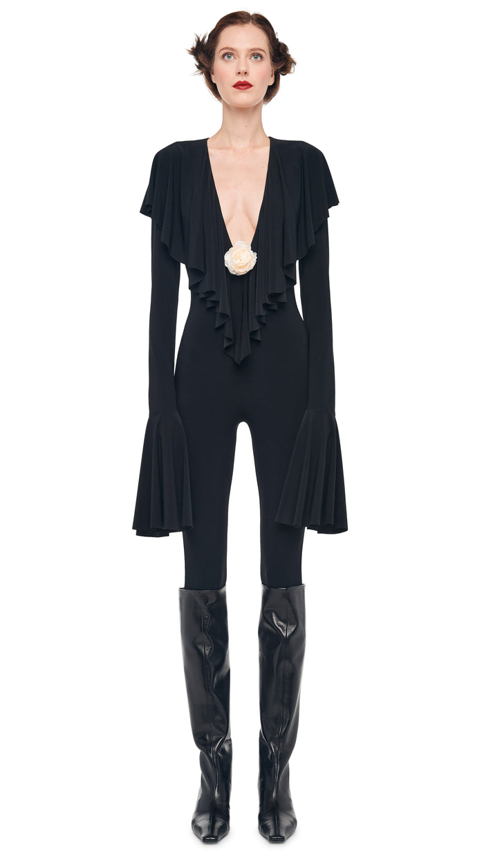 Norma Kamali LS DEEP V RUFFLE CATSUIT W/ FOOTIE