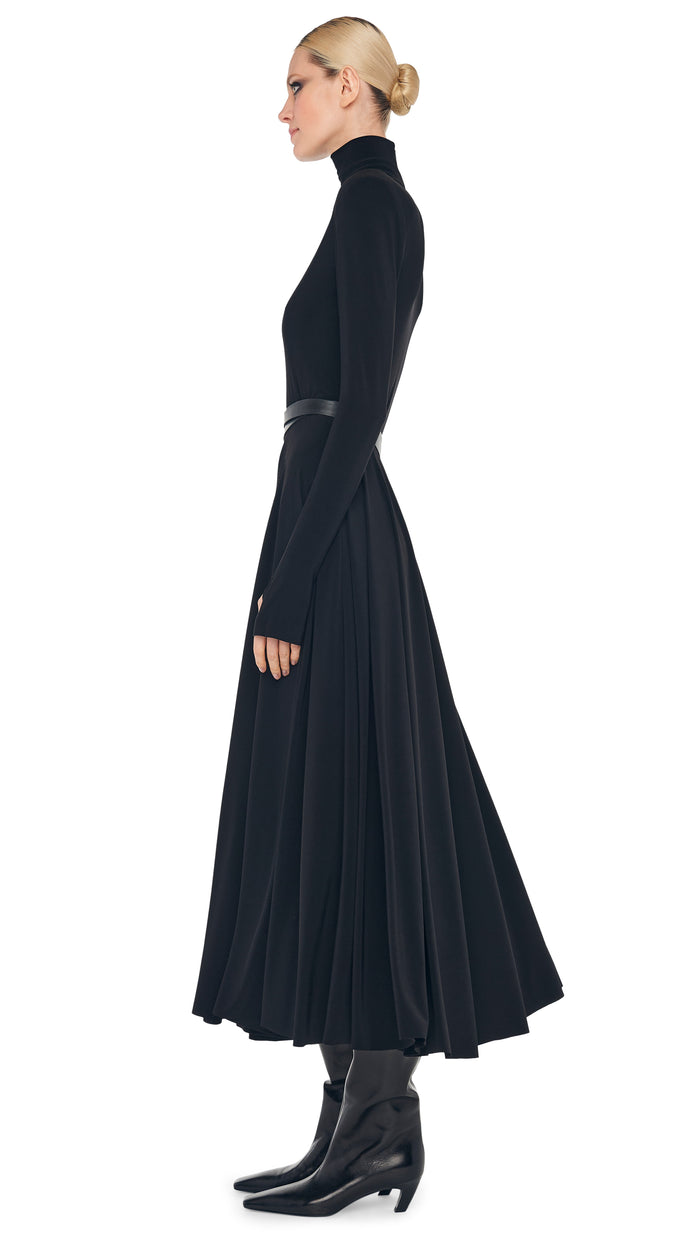 Norma Kamali LS SHOULDER PAD TURTLE FLARED DRESS