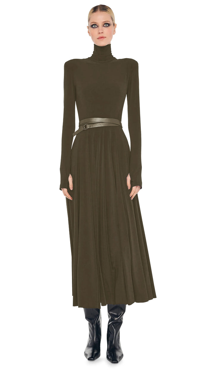 norma kamali LS SHOULDER PAD TURTLE FLARED DRESS