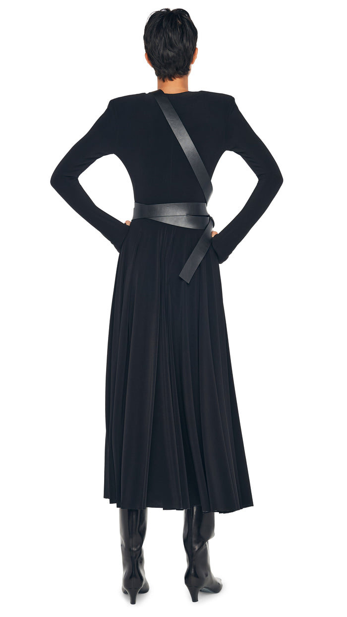 Norma Kamali LS SHOULDER PAD V NECK FLARED DRESS