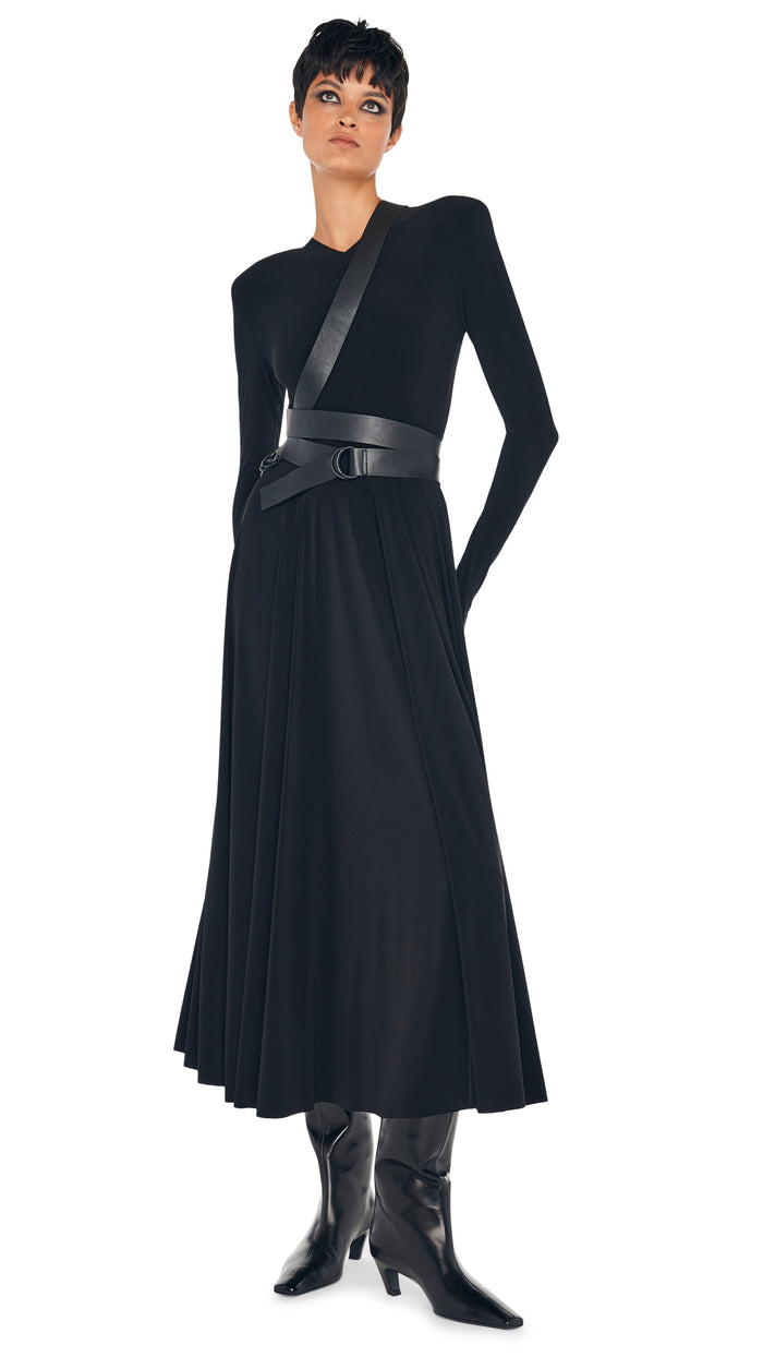 norma kamali LS SHOULDER PAD V NECK FLARED DRESS