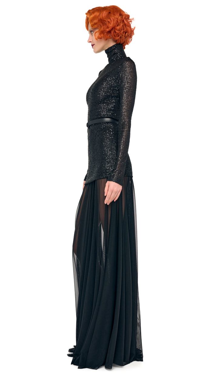 Norma Kamali LS TURTLENECK COMBO FLARED GOWN