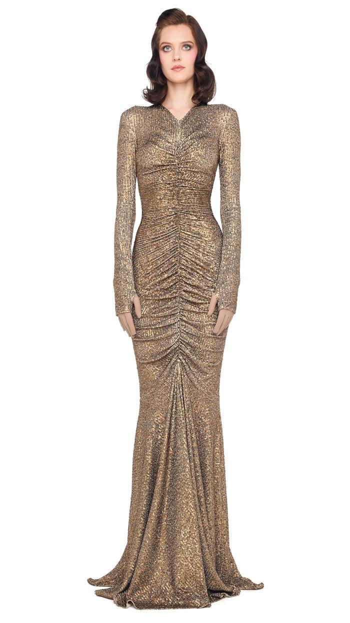 norma kamali LS V NECK SHIRRED FRONT FISHTAIL GOWN